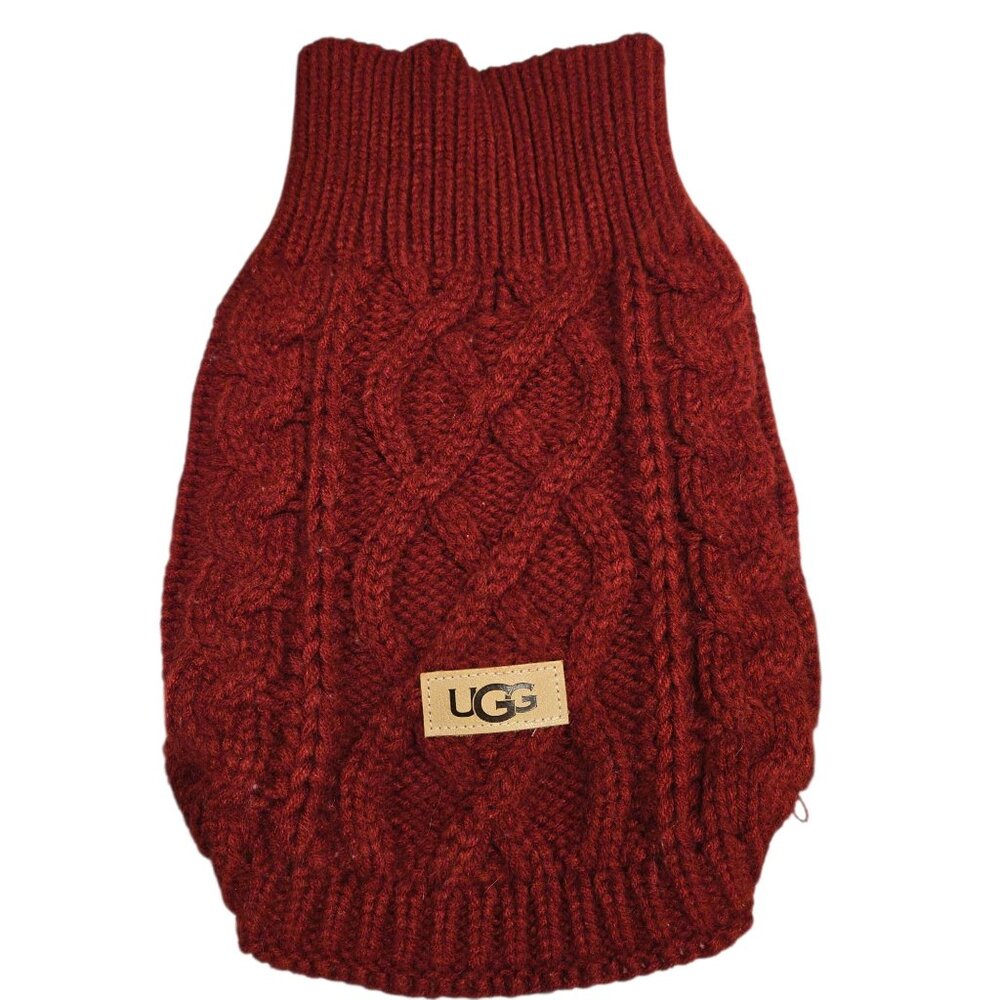 UGG Small Red Cable Knit Dog Sweater 100% Acrylic Cozy & Stylish Pet Apparel - Picture 2 of 4